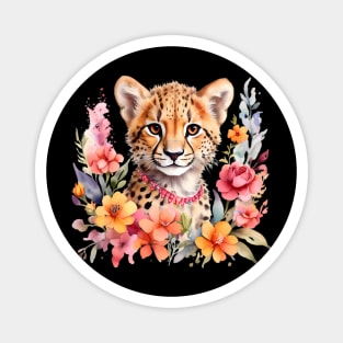 A baby cheetah decorated with beautiful watercolor flowers Magnet